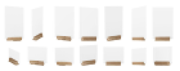 Menu card wood stand 3d vector blank mockup. Paper flyer with wooden frame isolated on white background. Photo display for desk base illustration set. Restaurant a5 sheet label for event promotion