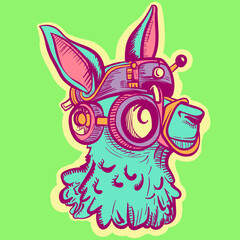 Illustration of a steampunk llama head. Vector of an alpaca cartoon character with tech gear