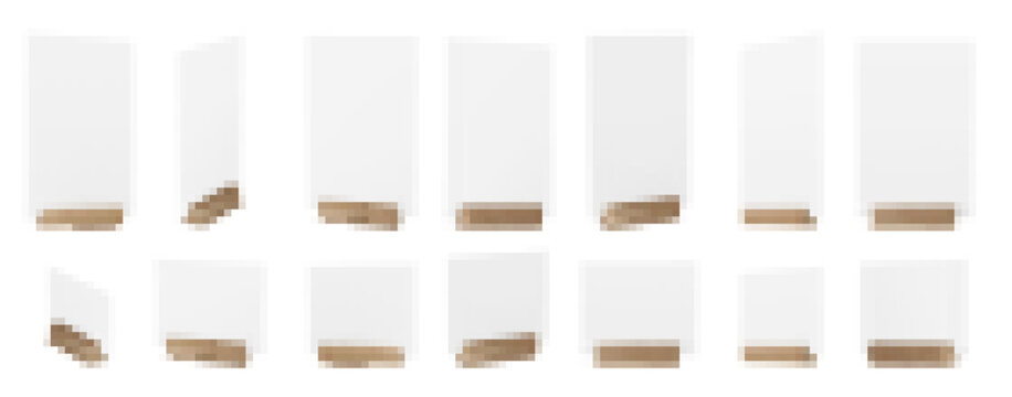 Menu card wood stand 3d vector blank mockup. Paper flyer with wooden frame isolated on white background. Photo display for desk base illustration set. Restaurant a5 sheet label for event promotion