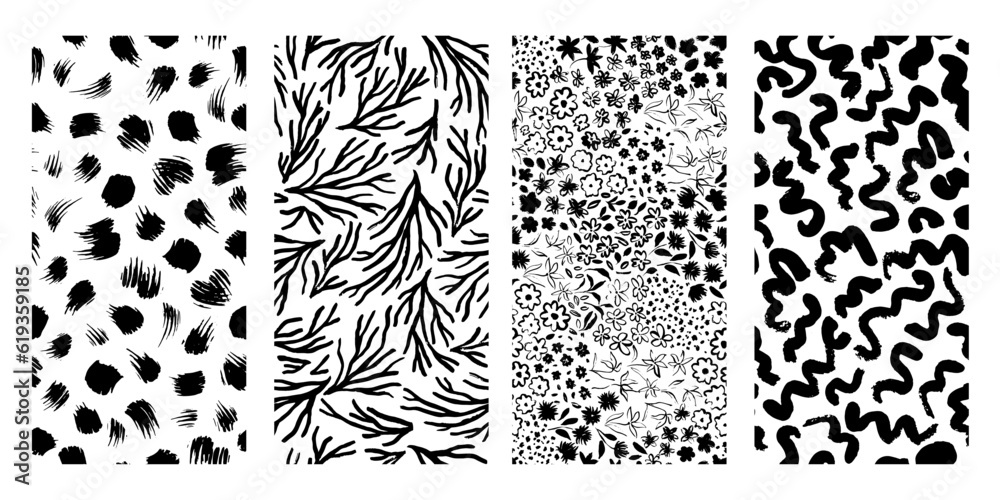 Wall mural Set of black and white seamless patterns with flowers, abstract spots, curls, natural shapes. Modern prints for fabric, clothes, wallpaper, backdrop, wrapping paper.