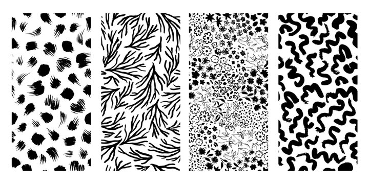 Set of black and white seamless patterns with flowers, abstract spots, curls, natural shapes. Modern prints for fabric, clothes, wallpaper, backdrop, wrapping paper.