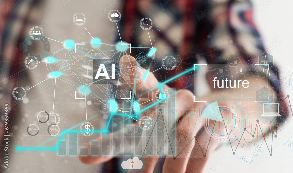 Poster chat ai concept, people using computer side view typing on laptop keyboard chat with ai or artificia