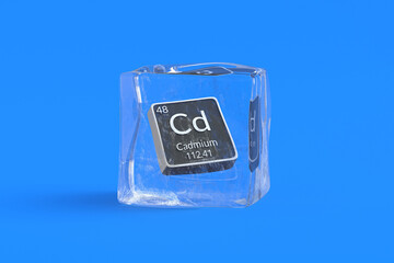 Cadmium Cd chemical element of periodic table in ice cube. Symbol of chemistry element. 3d render