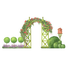Green wooden garden arch trellis, overgrown with climbing rose flowers. Entrance to an ancient garden and a fence of trees topiary. Hand drawn watercolor painting illustration isolated on white