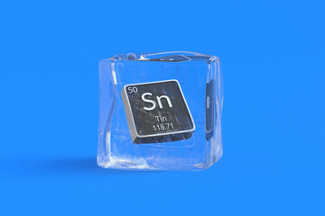 Tin Sn chemical element of periodic table in ice cube. Symbol of chemistry element. 3d render