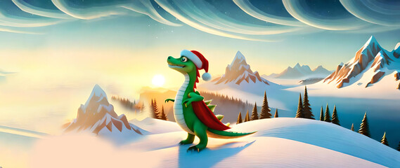 cute green dragon in santa hat, symbol 2024 new year on winter background created with generative ai technology