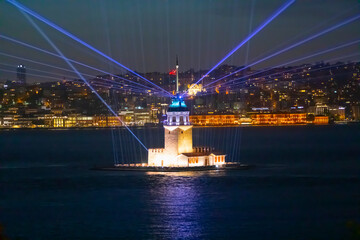 Istanbul Maiden Tower New (yeni kız kulesi), with a colorful and light show after restoration. The historical building is best touristic destination Istanbul. Maiden's Tower famous travel destination.