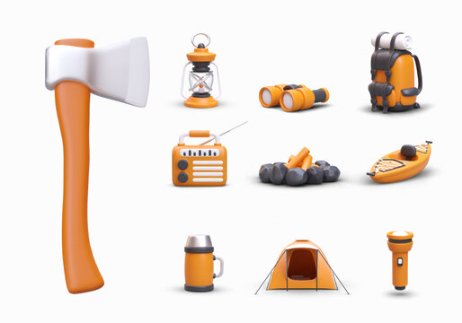 Large set of 3D illustrations for camping. 10 vector images with shadows on white background. Ax, kerosene lamp, binoculars, rucksack, radio, campfire, boat, thermos, tent, flashlight. Color icons