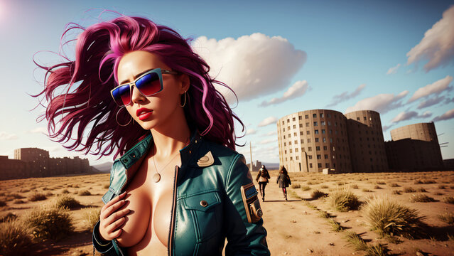 A beautiful woman with colored hair in a post-apocalyptic world. Sexy woman in a leather jacket and sunglasses. Generative AI