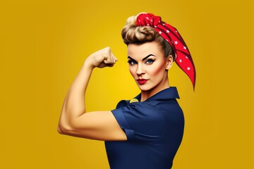 Obraz na płótnie Canvas female strong woman with bandana on a yellow background, vintage americana, glamorous pin-ups, iconic american, dark yellow, red and blue, created with generative ai