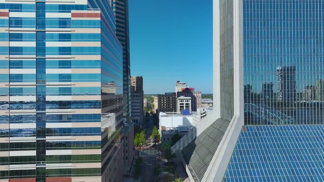 Urban landscape of downtown district of Jacksonville city in Florida, USA. Skyline with high skyscraper buildings in modern american megapolis