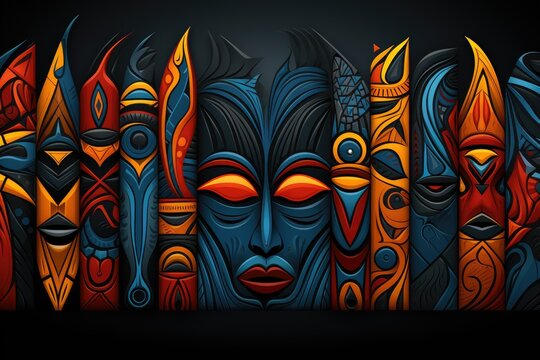 African etnic tribal tropical tribal artwork with a colorful line of traditional tiki masks and tribal patterns, created with generative ai