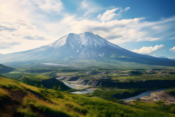 Naklejka premium A majestic mountain towers above a winding river, its reflection shimmering in the still water below. Trees dot the landscape, giving the perfect view of nature's beauty.