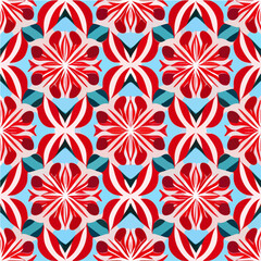 Vibrant red and white flower pattern gracefully adorns a deep blue backdrop. The peppermint motif, forming a repeating fabric pattern, exudes a refreshing and stylish charm.