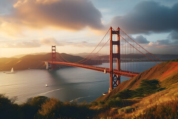 Fototapeta na wymiar An iconic view of the Golden Gate Bridge stretching over the tranquil waters of San Francisco Bay with the bustling city skyline in the background.