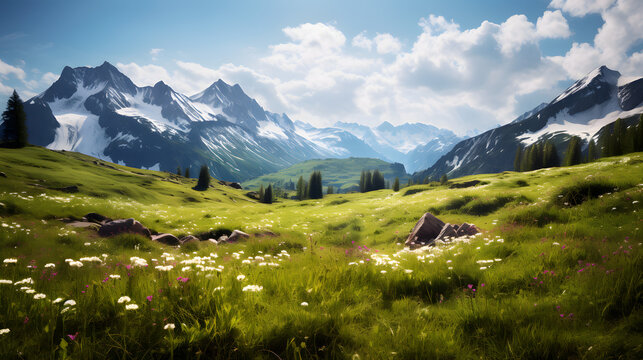 A lush field of green grass and vibrant blooms, framed by majestic mountains in the background. A peaceful, idyllic scene perfect for contemplation.