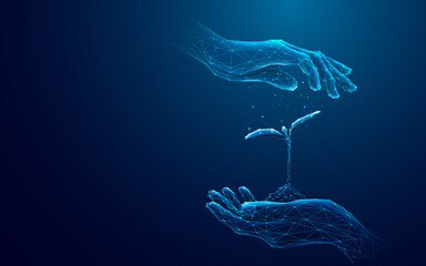 Abstract Digital Hands Protect a Sprout. The Human Covers the Plant with His Palms. Low Poly Wireframe Vector Illustration with 3D Effect. Conservationists Protect the Growing Tree.