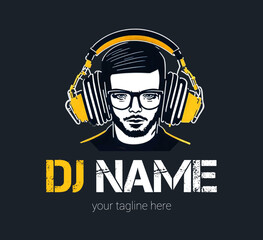 Dj Logo Design. Creative vector logo design with headphones and DJ with glasses. Music logotype template. For accessory, brand, identity, logotype, company, shop, dj party. Black background. Mp3 sign.
