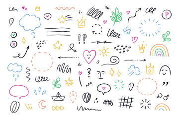Hand drawn simple elements set. Sketch underlines, icons, emphasis, speech bubbles, arrows and shapes. Vector illustration isolated on white background. - obrazy, fototapety, plakaty