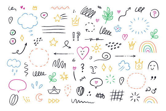 Fototapeta Hand drawn simple elements set. Sketch underlines, icons, emphasis, speech bubbles, arrows and shapes. Vector illustration isolated on white background.