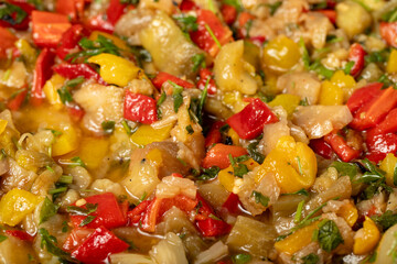 Vegetable salad with olive oil. Healthy appetizers. Food background. Local name anamur salatasi. Close up