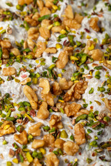 Salad with yoghurt, chicken and roasted eggplant. Healthy appetizers. food background. Local name marko pasa. Close up