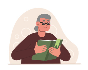 Old lady in glasses holding book and reading at home. Time for seniors hobbies. Positive seniors spending time indoors. Vector flat illustration in brown colors