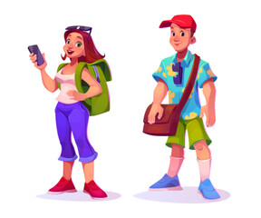 Fototapeta na wymiar Travel tourist happy woman with backpack vector illustration. Young man with bag and glasses standing isolated on white background. Adult couple ready for outdoor sightseeing and walking lifestyle