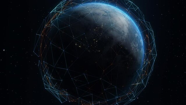 Animated digital grid and lines over Earth globe. 3D computer graphics of abstract worldwide transmit of 5G communication signal, global network connection. Concept of innovative space technologies.