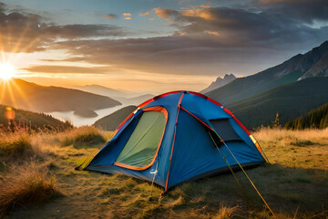 Fototapeta na wymiar camping tent high in the mountains at sunset