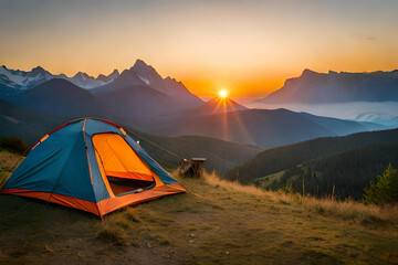  camping tent high in the mountains at sunset