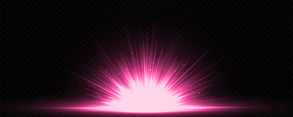 Horizontal bursts of exploding star. Sparkle light rays. Shining flares and sparks on transparent background.