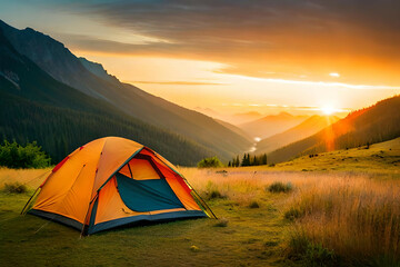  camping tent high in the mountains at sunset