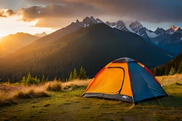 Zelfklevend Fotobehang  camping tent high in the mountains at sunset © Shrimpers Design