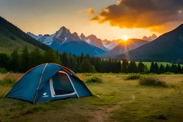 Deurstickers  camping tent high in the mountains at sunset © Shrimpers Design