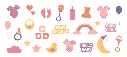 colorful set of baby utensils baby girl collection isolated on white vector illustration EPS10