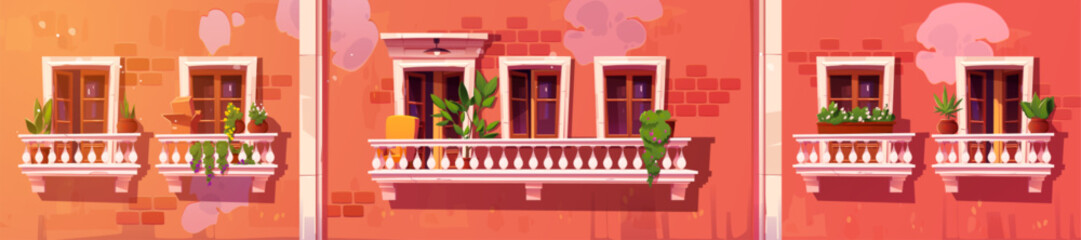 Old apartment building facade with balconies. Vector cartoon illustration of shabby brick wall with windows, terrace doors, classic white balustrades decorated with flowerpots. Cozy neighborhood