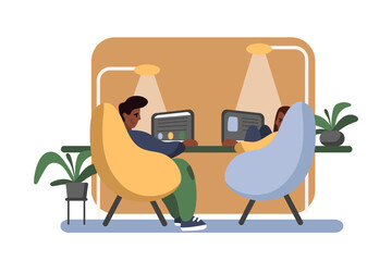 Man and woman sitting on armchair, looking at each other and working together. Group of employees in office. Shared working environment. Concept of brainstorming ideas. Vector illustration
