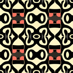 Striking black and white pattern with vibrant red accents, creating a visually appealing seamless design with symmetrical elements, perfect for fabrics or backgrounds.
