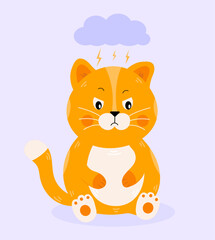 Cartoon angry grumpy red cat with thunderstorm over head. Animal character for poster, notebook. Vector illustration