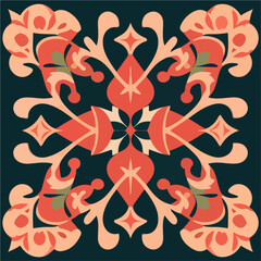 Against a captivating black background, a mesmerizing combination of red and green flowers creates a seamless pattern. The ornate geometric elements blended with art nouveau influences lend.