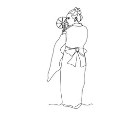 abstract geisha, a girl in a Japanese kimono with a fan Continuous One Line Drawing