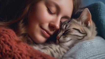 The cat is sleeping in the girl's arms. A cozy evening. Hugs with cats. Love for cats. Home comfort. Generative AI