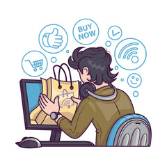 Young male buying goods on Internet sale. Concept of special offers at online stores. Mobile online shopping from home or office. Vector illustration in cartoon style