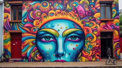 vibrant urban street art. Graffiti girl portrait. Surreal art on the wall. Generative ai.