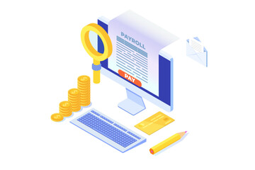 Invoice paper, payroll, salary payment isometric concept. Vector illustration