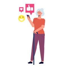 Elderly woman using social media. Vector illustration