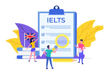 English Proficiency Test and Exam. IELTS International English Language Testing System. Vector illustration.