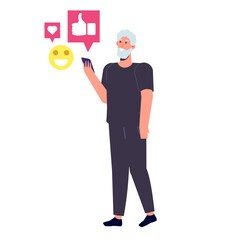 Elderly man using social media. Vector illustration