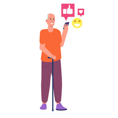 Elderly man using social media. Vector illustration